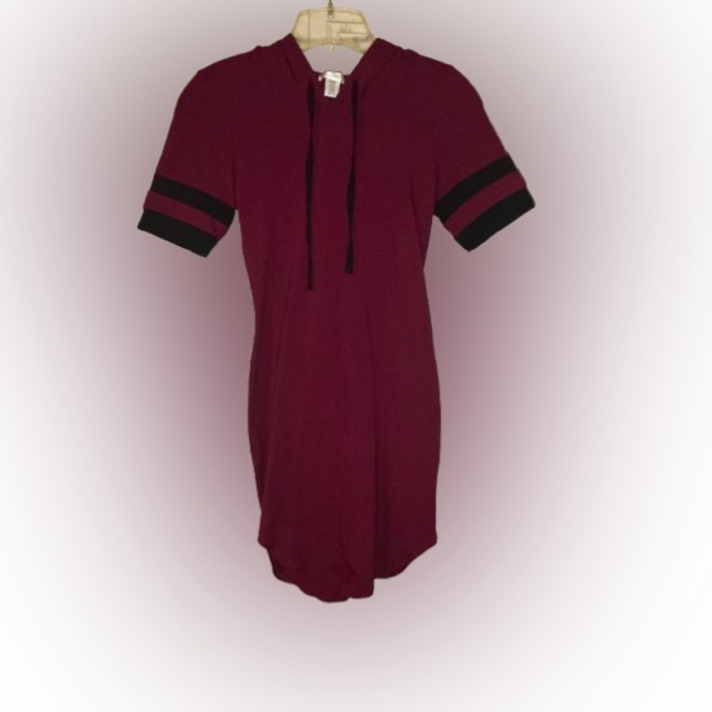 Hooded T-Shirt Dress with Black Stripe Sleeves - Sporty Mini Dress